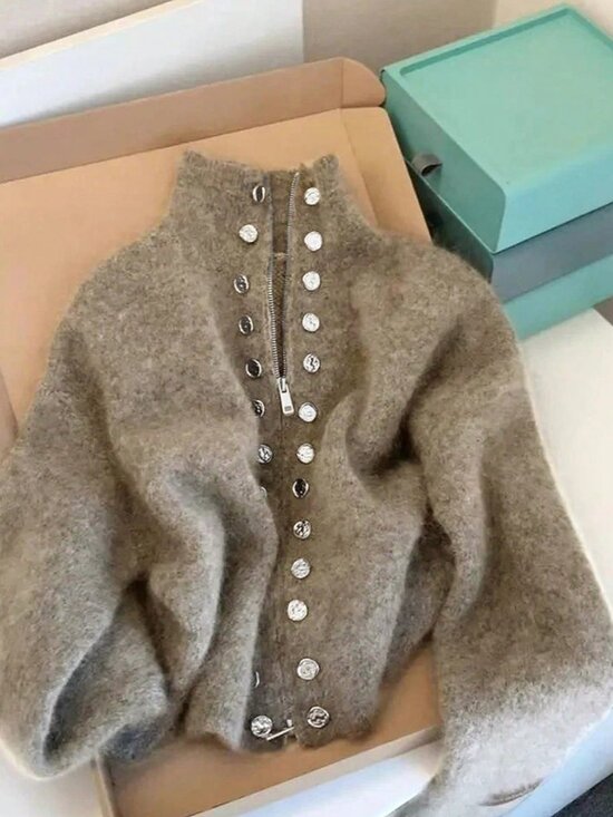 Sweaters - Casual Khaki Women's Knitted Turtleneck Cardigan